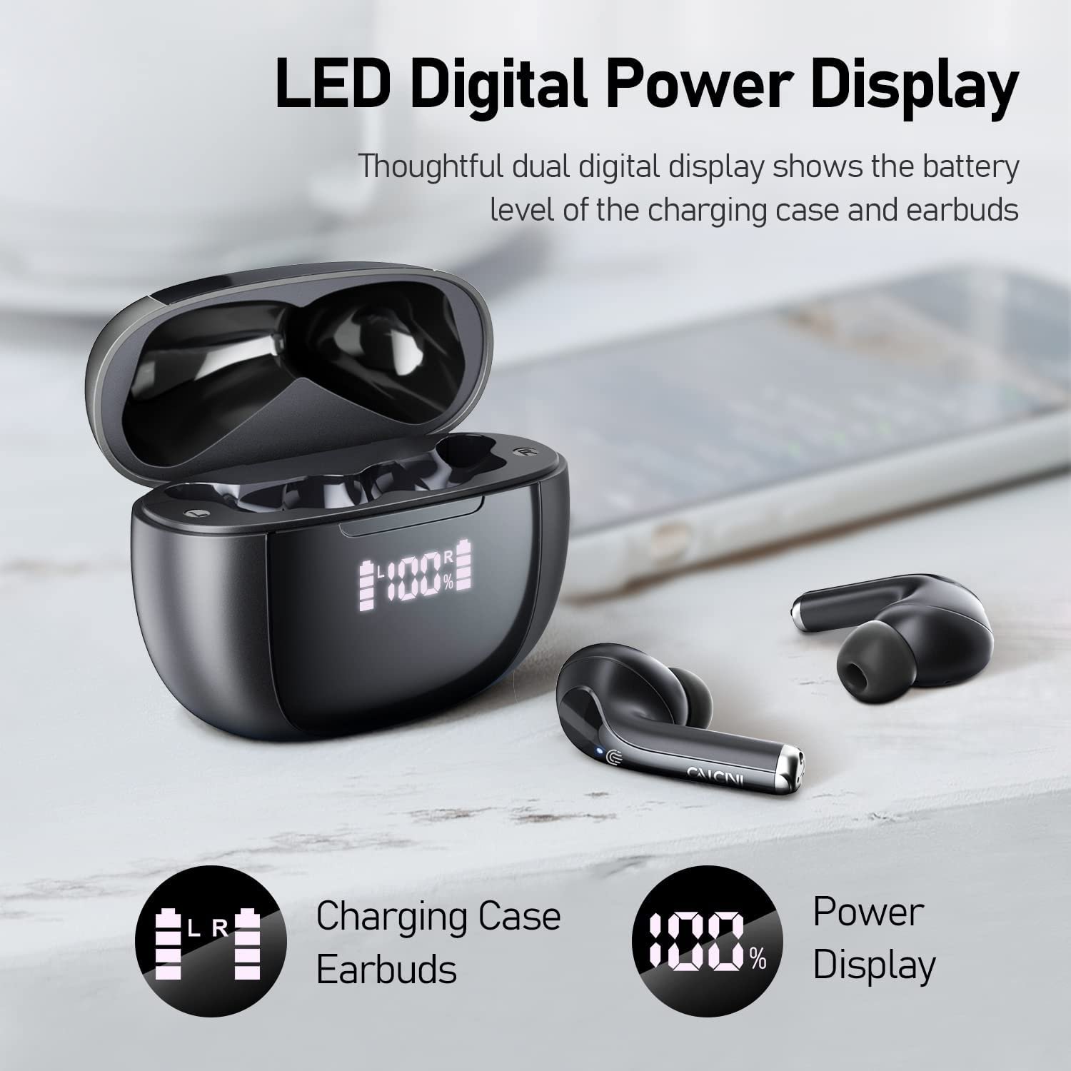 CALCINI Wireless Earbuds, Bluetooth 5.3 Ear Buds with LED Power Display Charging Case,True Wireless Earphones Deep Bass Stereo Sound Microphone Headphones,Waterproof,for Android,iPhone,Run,Sport,Work - Image 2