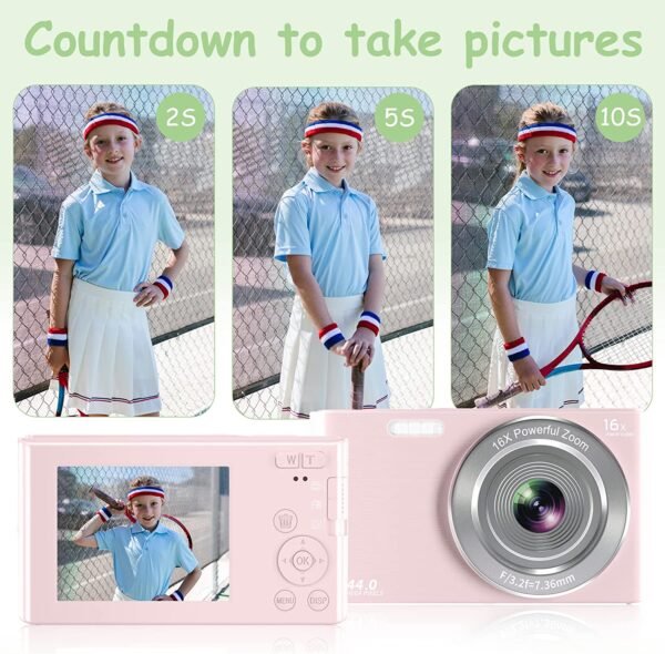 UIKICON Digital Camera, 4K 44MP Kids Camera with 32GB SD Card and 2 Rechargeable Batteries, Small Mini Point and Shoot Compact Digital Cameras for Beginners, Kids and Teens - Pink - Image 4