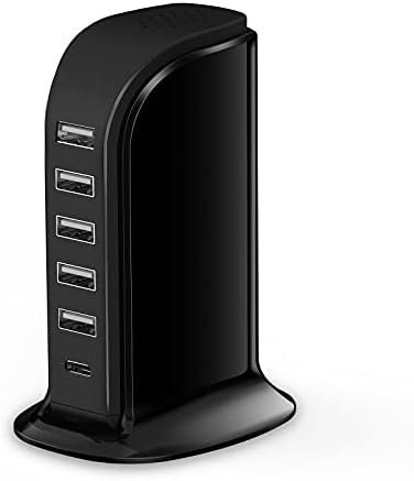 Charger Block 6 in 1 Upoy, 40W USB C Charger 3A, Charging Hub with 5 USB Ports(Shared 6A) for Multiple Electronics, USB Charging Station Multiports, Universal Desktop Phone Charger Travel Ready, Black