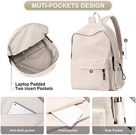 PAUBACK Beige School Backpack for Girls Water Resistant High School Book Bag Simple Backpack for Teens Boys Girls, Lightweight Simple Middle School Back Pack Daypack - Image 5