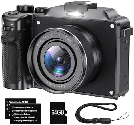 Camera for Photography, 4K Digital Camera Anti-Shake 56MP Compact Video Camera with 18X Digital Zoom, Travel Autofocus WiFi Vlogging Camera Point and Shoot Camera with 64GB TF Card, 2 Batteries