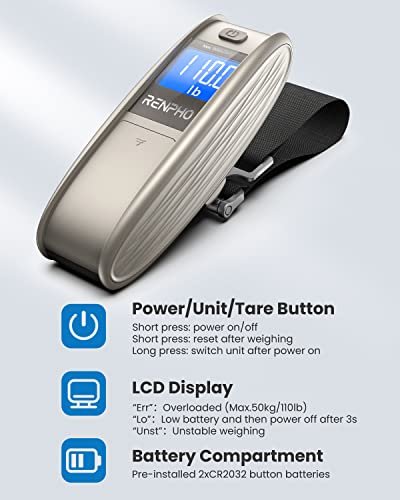 RENPHO Luggage Scale, Travel Essentials, Portable Digital Suitcase Weight Scale with Backlit LCD Display for Travel, Baggage Weighing Scale with Tare Function, 110lb/50kg, Battery Included - Image 3
