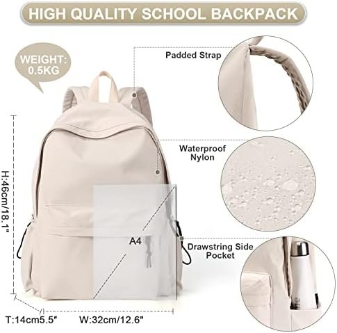 PAUBACK Beige School Backpack for Girls Water Resistant High School Book Bag Simple Backpack for Teens Boys Girls, Lightweight Simple Middle School Back Pack Daypack - Image 4
