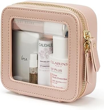 Small Makeup Bag for Purse Mini Cosmetic Bag Clear Pink Square Pouch for School Cute Leather Make Up Case Travel Organizer for Backpack Tiny Toiletry Bag with Zipper for Car Essentials Women Girls