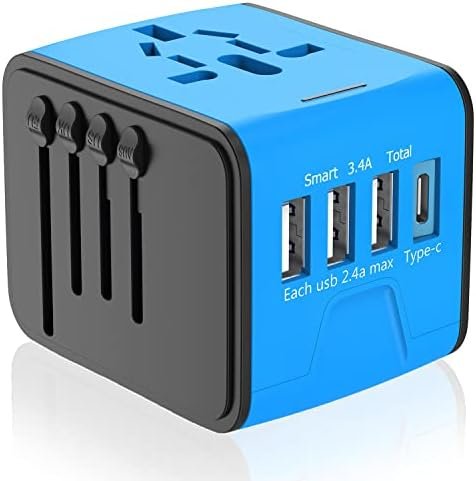 Universal Travel Adapter, International Power Adapter with 3USB + 1Type C Ports, European Worldwide AC Outlet Plugs Charger for Europe UK US AU Asia 200+ Countries, Blue