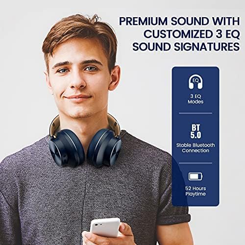 DOQAUS Bluetooth Headphones Over Ear, 52 Hours Playtime Wireless Headphones with 3 EQ Modes, HiFi Stereo Headphones with Microphone and Soft Protein Earpads for Cellphone/TV/PC/Home Office (Navy Blue) - Image 2