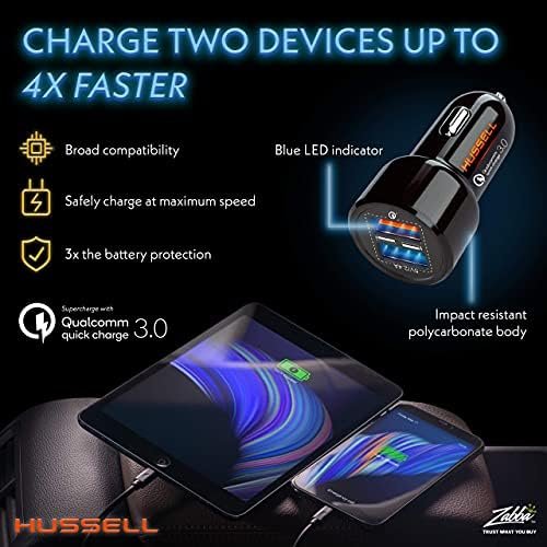 Hussell Car Charger Adapter - 3.0 Portable USB w/Fast Charge Technology & Dual Ports - Compatible w/Apple iPhone, Android, Tablet or Other USB Device - White Elephant, Stocking Stuffers - Image 3