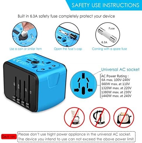 Universal Travel Adapter, International Power Adapter with 3USB + 1Type C Ports, European Worldwide AC Outlet Plugs Charger for Europe UK US AU Asia 200+ Countries, Blue - Image 5