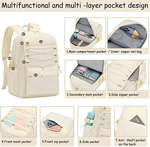 Laptop Backpack for Women Girls 15.6 Inch Mesh School Bag, Unisex Student Bookbag Waterproof Backpack for College Work Travel,Beige Backpack - Image 4