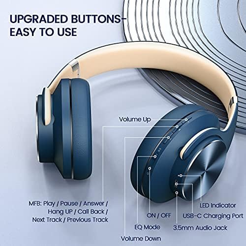 DOQAUS Bluetooth Headphones Over Ear, 52 Hours Playtime Wireless Headphones with 3 EQ Modes, HiFi Stereo Headphones with Microphone and Soft Protein Earpads for Cellphone/TV/PC/Home Office (Navy Blue) - Image 6