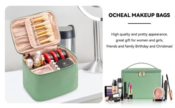 OCHEAL Makeup Bag, Large Capacity Make Up Bag for Cosmetics Vertical Storage,Toiletry Bag Skincare Makeup Organizer Bag for Travel,With Makeup Brushes Compartments & Dividers,-Green Leather - Image 7
