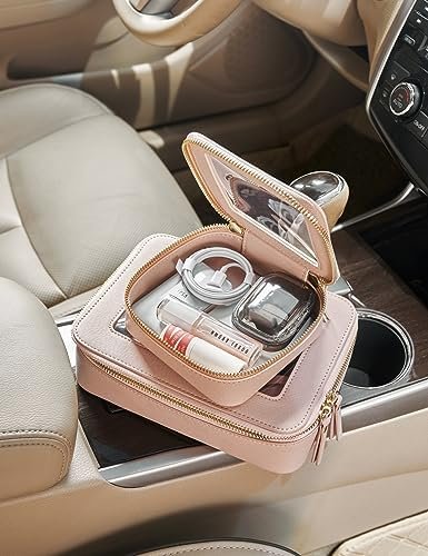 Small Makeup Bag for Purse Mini Cosmetic Bag Clear Pink Square Pouch for School Cute Leather Make Up Case Travel Organizer for Backpack Tiny Toiletry Bag with Zipper for Car Essentials Women Girls - Image 3