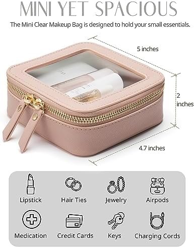 Small Makeup Bag for Purse Mini Cosmetic Bag Clear Pink Square Pouch for School Cute Leather Make Up Case Travel Organizer for Backpack Tiny Toiletry Bag with Zipper for Car Essentials Women Girls - Image 4
