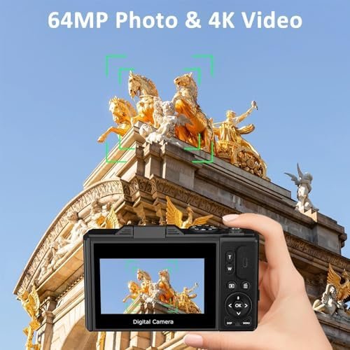 64MP Digital Camera for Photography and Video: 4K Vlogging Camera for YouTube with 3'' Flip Screen and 32GB TF Card, 16X Digital Zoom Digital Camera for Gift (Black) - Image 2