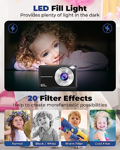 Digital Camera,Kids Camera with 32GB Card,Nsoela FHD 1080P 44MP Compact Vlogging Camera,Point and Shoot Camera 16X Digital Zoom, Portable Mini Kids Camera for Teens Students (Black) - Image 6