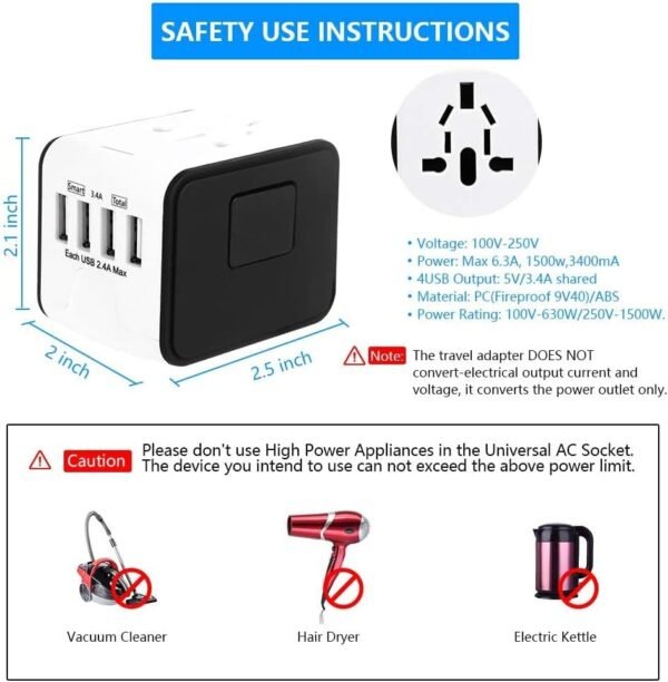 All in One Universal 4 USB International Travel Adapter Universal Power Adapter Wall Charger Worldwide Perfect for European US, EU, UK, AU 160 Countries (White) - Image 5