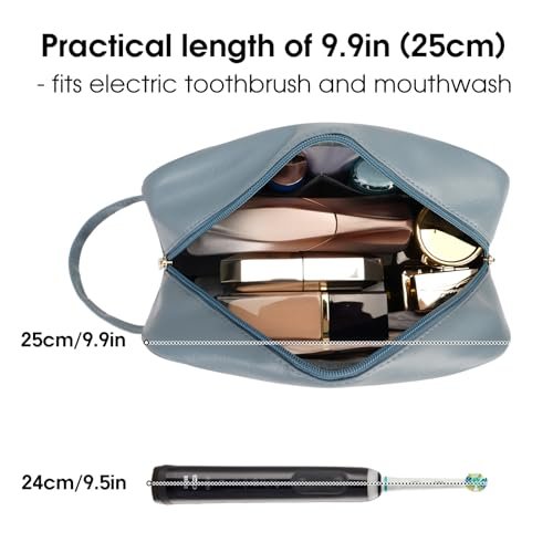 Narwey Vegan Leather Travel Toiletry Bag for Women Traveling Dopp Kit Makeup Bag Organizer for Toiletries Accessories Cosmetics (P-Greyish Blue) - Image 2