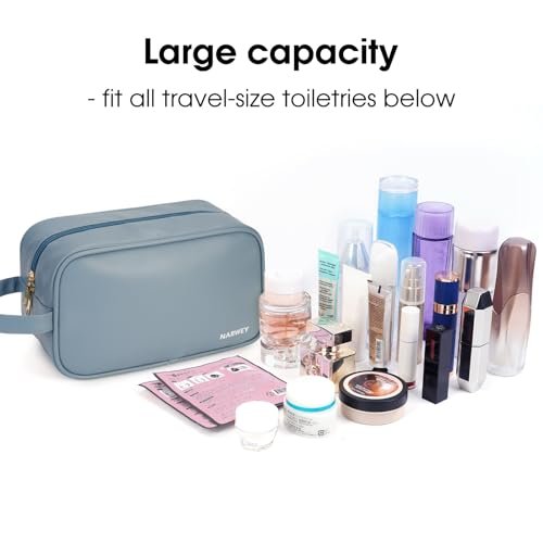 Narwey Vegan Leather Travel Toiletry Bag for Women Traveling Dopp Kit Makeup Bag Organizer for Toiletries Accessories Cosmetics (P-Greyish Blue) - Image 4