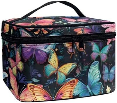 Colorful Butterfly Makeup Bag Skincare Bag Large Capacity Travel Toiletry Bag Easy to Take Can Hold Makeup Brushes Skincare with Handle for Jewelry, Lipstick, Cosmetic Box