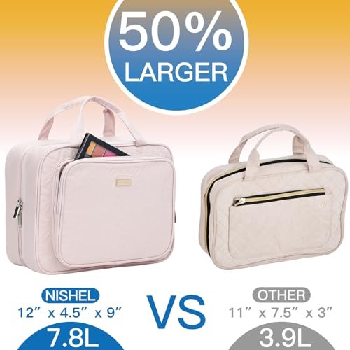 NISHEL Travel Toiletry Bag for Women Large Capacity, Travel Essentials Organizer, Hanging Makeup Case for Accessories, Cosmetics, Toiletries, Pink - Image 2
