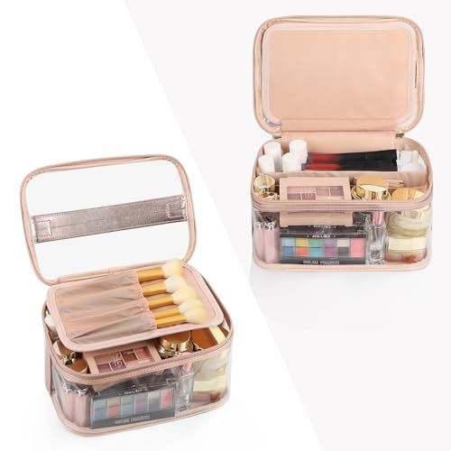 OCHEAL Clear Makeup Bags,Portable Cosmetic Bag Travel Makeup Organizer case Make Up Bag for Women and Girls Cosmetics Toiletries Brushes Slots and Divider-Clear Rose Gold - Image 7