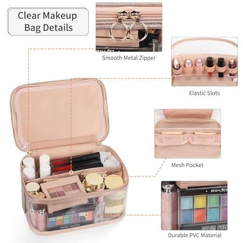 OCHEAL Clear Makeup Bags,Portable Cosmetic Bag Travel Makeup Organizer case Make Up Bag for Women and Girls Cosmetics Toiletries Brushes Slots and Divider-Clear Rose Gold - Image 5