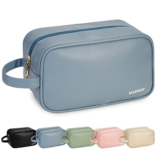 Narwey Vegan Leather Travel Toiletry Bag for Women Traveling Dopp Kit Makeup Bag Organizer for Toiletries Accessories Cosmetics (P-Greyish Blue)