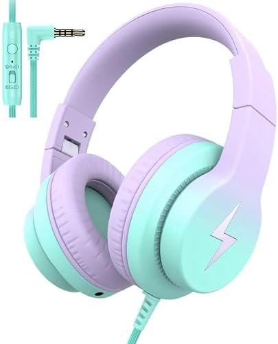 Kids Headphones, Wired Headphones for Kids Over Ear with Microphone, 85/94dB Volume Limiter Headphones for Girls Boys with Sharing Jack, Foldable Headphones for Online Study,Gradient Purple