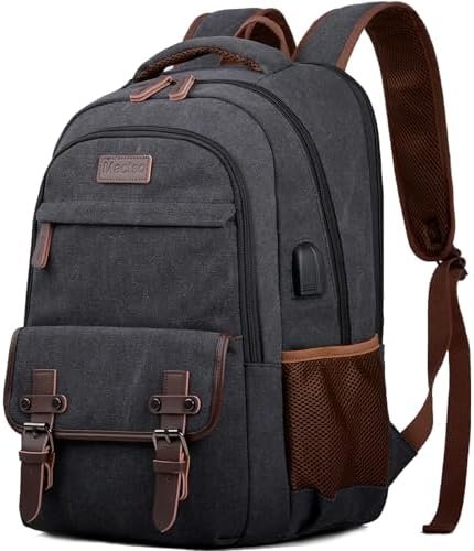 Canvas Travel Laptop Backpack for Men Women, Business Work Rucksack College School Computer Bag Fits 15.6 Inch Notebook,Bookbag with USB Charging Port (Black)