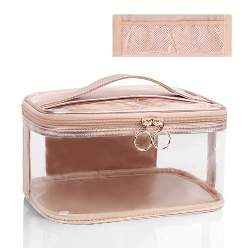OCHEAL Clear Makeup Bags,Portable Cosmetic Bag Travel Makeup Organizer case Make Up Bag for Women and Girls Cosmetics Toiletries Brushes Slots and Divider-Clear Rose Gold - Image 2
