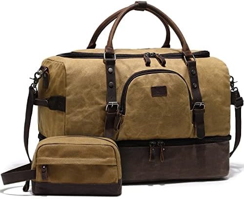 Nerlion Weekender Bag with Shoe Compartment Large Overnight Bag for Men Canvas Genuine Leather Carry on Luggage Bag Travel Duffel Bag(Brown)