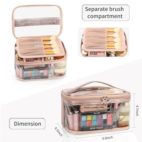 OCHEAL Clear Makeup Bags,Portable Cosmetic Bag Travel Makeup Organizer case Make Up Bag for Women and Girls Cosmetics Toiletries Brushes Slots and Divider-Clear Rose Gold - Image 3