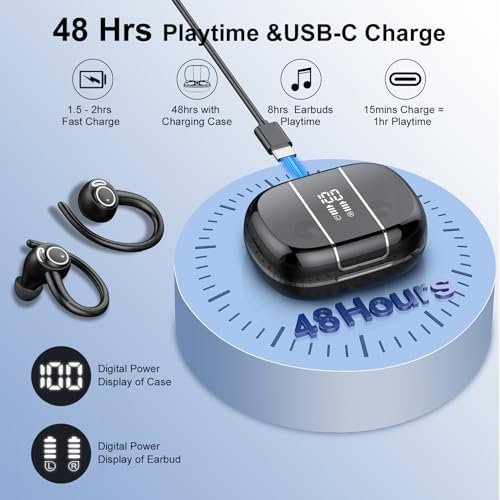 Csasan Headphones Wireless Earbuds Sport, Bluetooth 5.3 Over Ear Buds Stereo Deep Bass Headset with Earhooks, 48H Wireless Earphones with HD Mic, IP7 Waterproof Earbud for Sports/Running/Workout - Image 5