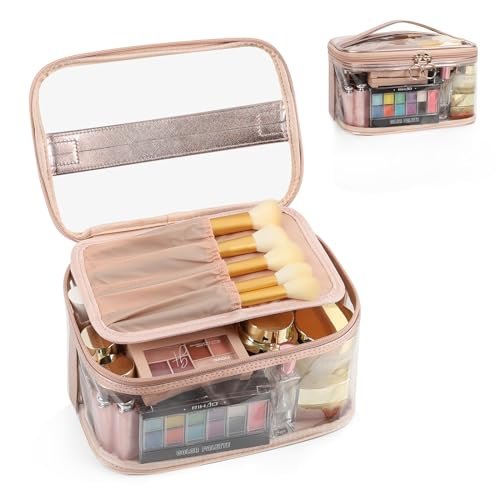 OCHEAL Clear Makeup Bags,Portable Cosmetic Bag Travel Makeup Organizer case Make Up Bag for Women and Girls Cosmetics Toiletries Brushes Slots and Divider-Clear Rose Gold