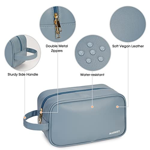 Narwey Vegan Leather Travel Toiletry Bag for Women Traveling Dopp Kit Makeup Bag Organizer for Toiletries Accessories Cosmetics (P-Greyish Blue) - Image 6