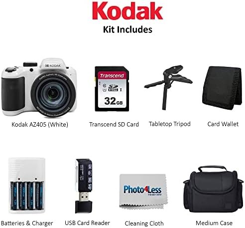 Kodak PIXPRO AZ405 Digital Camera (White) Bundle with Case, 32 GB SD Memory Card, Memory Card Wallet, Card Reader, Table Tripod, 4 AA Batteries & White Charger and Cloth - Image 5