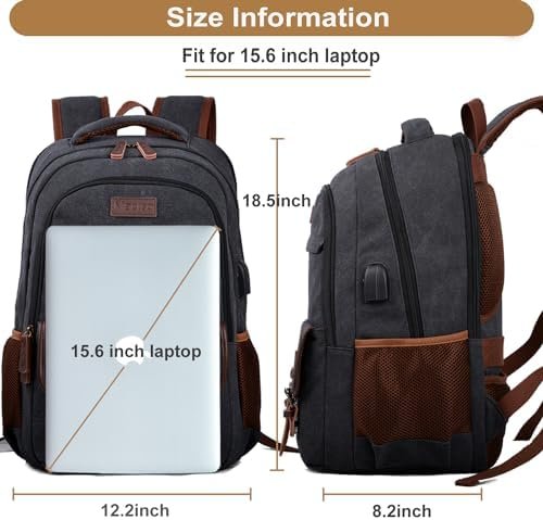 Canvas Travel Laptop Backpack for Men Women, Business Work Rucksack College School Computer Bag Fits 15.6 Inch Notebook,Bookbag with USB Charging Port (Black) - Image 5