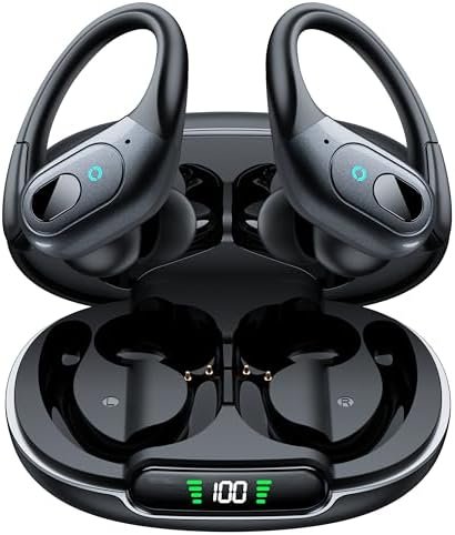 occiam Bluetooth Headphones Wireless Earbuds 90Hrs Playback Sport Ear Buds with Earhook LED Display Charging Case IPX7 Waterproof Earbud Deep Bass Running Earphones for iOS Android Cellphone,Black