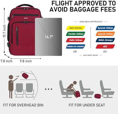ECOHUB 16'' Travel Backpack Carry On Underseat Airline Approved Personal Item Travel Bag with Multi-Pockets Laptop Backpack Casual Daypack Small Backpack Lightweight for Women Men, Red - Image 2