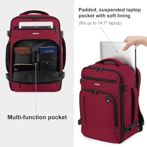 ECOHUB 16'' Travel Backpack Carry On Underseat Airline Approved Personal Item Travel Bag with Multi-Pockets Laptop Backpack Casual Daypack Small Backpack Lightweight for Women Men, Red - Image 6