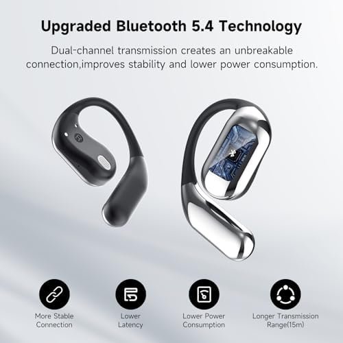 EUQQ Open Ear Bluetooth 5.4 Headphones, Wireless Earbuds Sport Over Earphones Built-in Mic with Ear Hooks 50H Playtime Ear Buds LED Display Charging Case, Waterproof Design for Running Fitness, Black - Image 6
