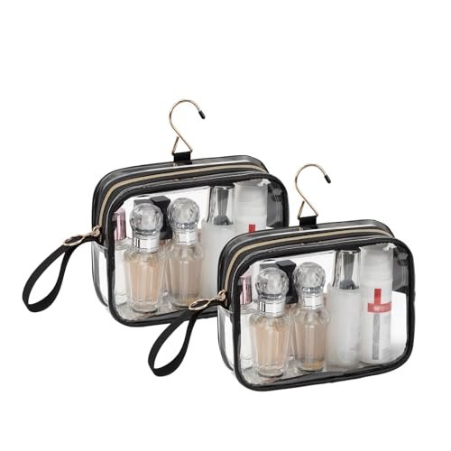 TSA Approved Toiletry Bag, 2 Pack Clear Toiletry Bags with Hook, Quart Size Clear Makeup Bags, Travel Makeup Cosmetic Bag for Women Men, Carry on Airport Airline Compliant Bag