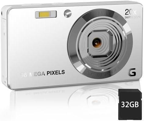 Digital Camera, 4K Ultra HD Cameras for Photography, Digital Point and Shoot Camera with 56Mp Autofocus 20X Zoom Anti Shake, Video Camera with 32GB SD Card for Adults, Teens, Beginners(Silver)