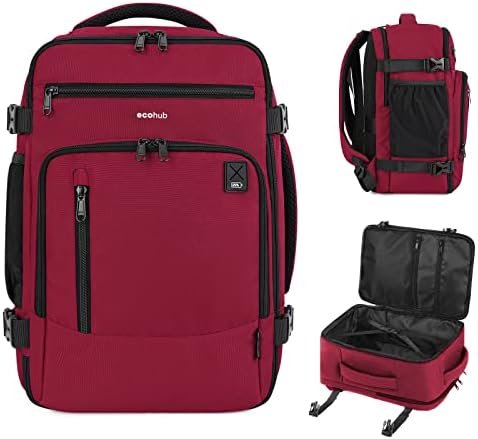 ECOHUB 16'' Travel Backpack Carry On Underseat Airline Approved Personal Item Travel Bag with Multi-Pockets Laptop Backpack Casual Daypack Small Backpack Lightweight for Women Men, Red