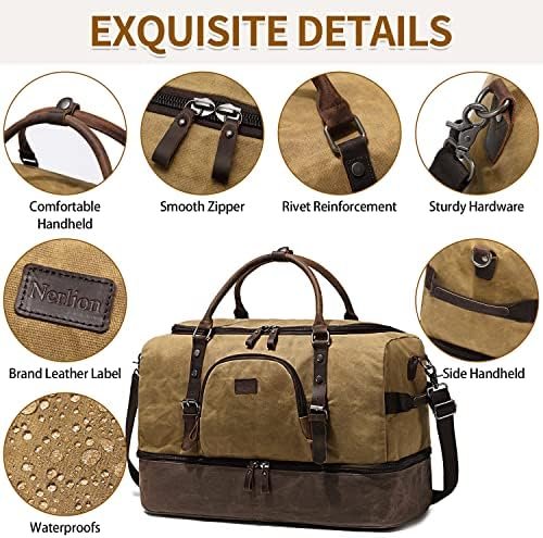 Nerlion Weekender Bag with Shoe Compartment Large Overnight Bag for Men Canvas Genuine Leather Carry on Luggage Bag Travel Duffel Bag(Brown) - Image 6