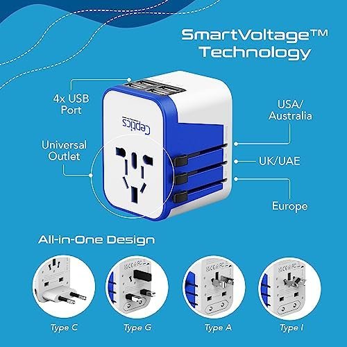 Ceptics Universal Travel Adapter Plug World Power W/ 4 USB Ports - Charge Cell Phones, Smart Watches, iPhones - For International Europe, China, UK, UAE, Australia - Type A, C, G, I - Image 5