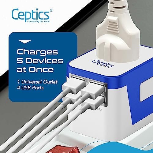 Ceptics Universal Travel Adapter Plug World Power W/ 4 USB Ports - Charge Cell Phones, Smart Watches, iPhones - For International Europe, China, UK, UAE, Australia - Type A, C, G, I - Image 3
