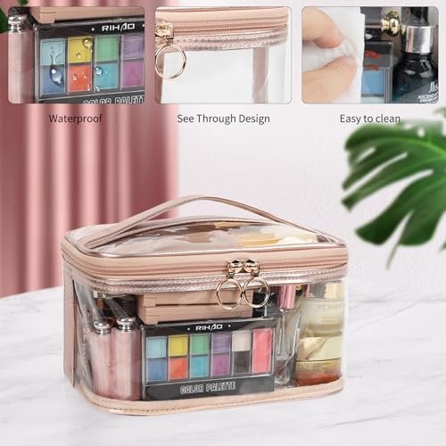 OCHEAL Clear Makeup Bags,Portable Cosmetic Bag Travel Makeup Organizer case Make Up Bag for Women and Girls Cosmetics Toiletries Brushes Slots and Divider-Clear Rose Gold - Image 6