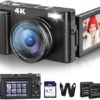 4K Digital Camera for Photography and Video, 48MP Vlogging Camera with SD Card Autofocus Anti-Shake, 3'' 180° Flip Screen Digital Camera with Flash 16X Zoom, Compact Camera for Travel (2 Batteries)