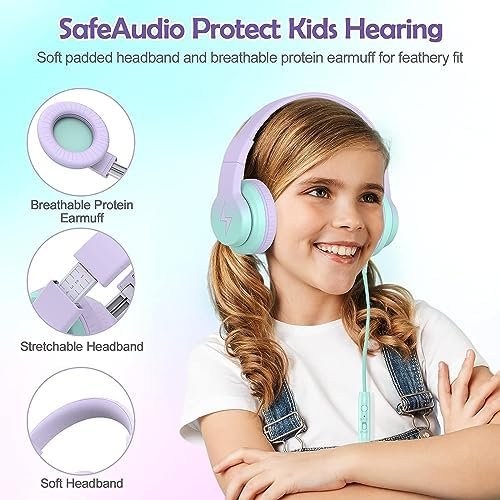 Kids Headphones, Wired Headphones for Kids Over Ear with Microphone, 85/94dB Volume Limiter Headphones for Girls Boys with Sharing Jack, Foldable Headphones for Online Study,Gradient Purple - Image 6